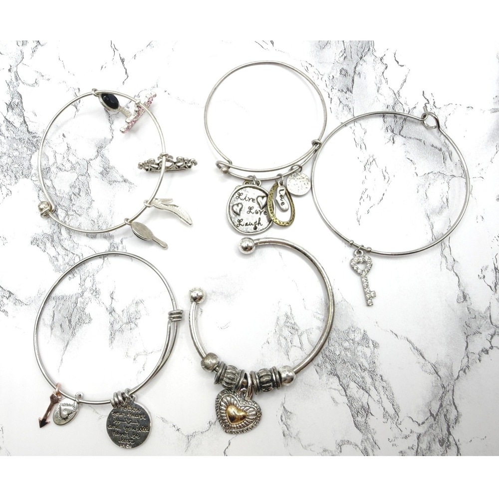 Heart‎ Charm Bracelet Lot 5 Bangle Stack Love Key Crown Charm Bracelets